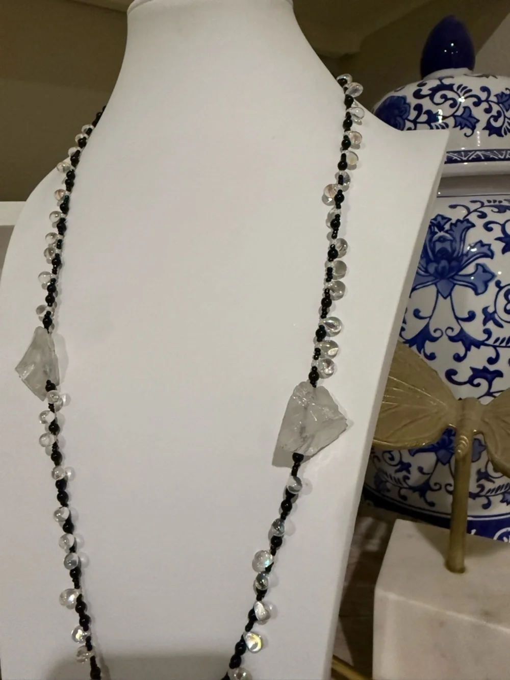 Long Black Beaded Necklace With Rock Crystal and Iridescent Beading
